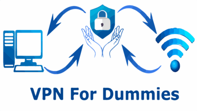 VPN for Dummies - Complete Guide with Icons of Computer, Hands Protecting a Lock, and Wi-Fi Signal