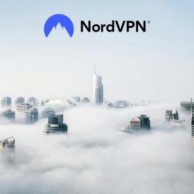 NordVPN logo over a cityscape with clouds.