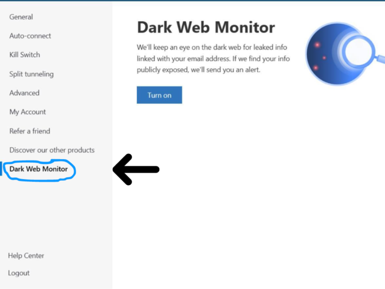 NordVPN Dark Web Monitor feature screenshot.