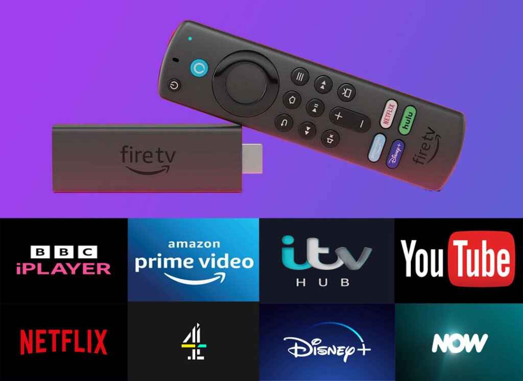 Fire TV Stick with streaming services logos.