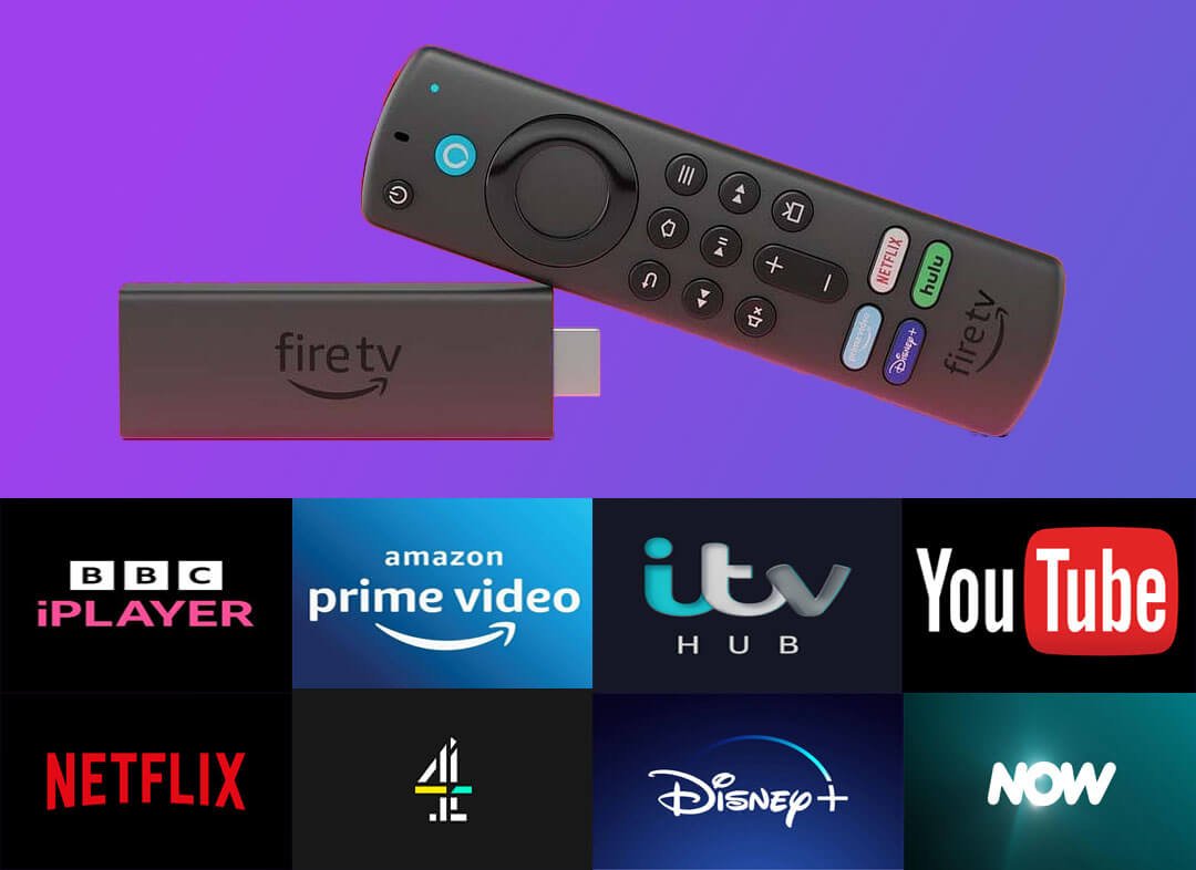 Fire TV Stick with streaming services logos.