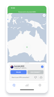 NordVPN’s iOS application interface showing a connection to an Australian server.