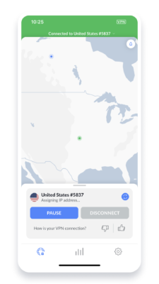 NordVPN iOS Application Connected to the US.