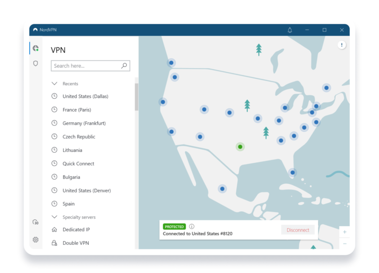 NordVPN Windows Client Connected to the US.