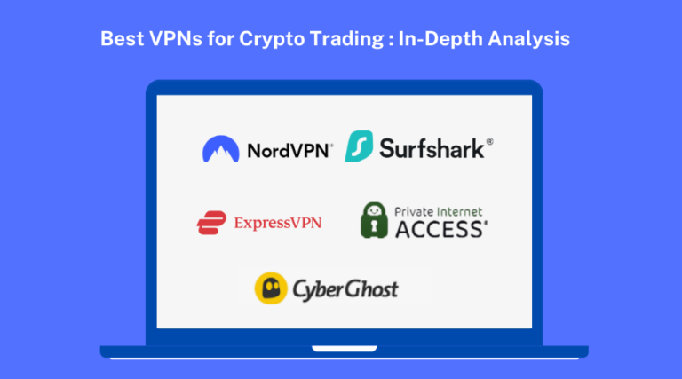 Logos of popular VPN services: NordVPN, Surfshark, ExpressVPN, Private Internet Access, and CyberGhost on a laptop screen.