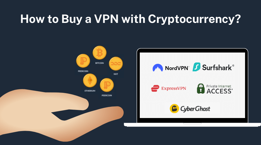 Illustration of a hand holding cryptocurrency symbols next to a laptop displaying top VPNs like NordVPN, Surfshark, and ExpressVPN.