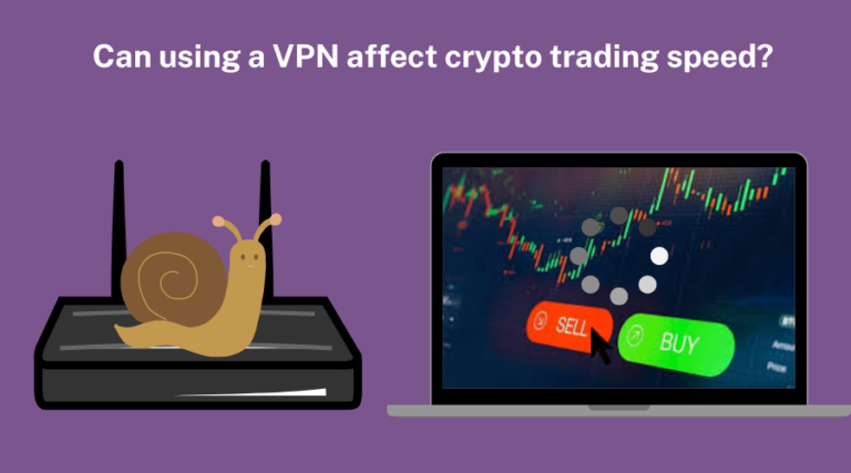 Graphic of a snail on a router and a laptop with crypto trading, symbolizing VPN impact on trading speed.