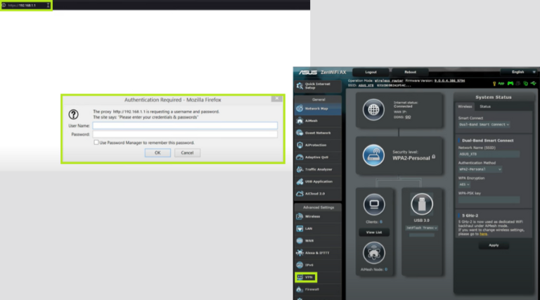 Router login interface for VPN setup on Apple TV