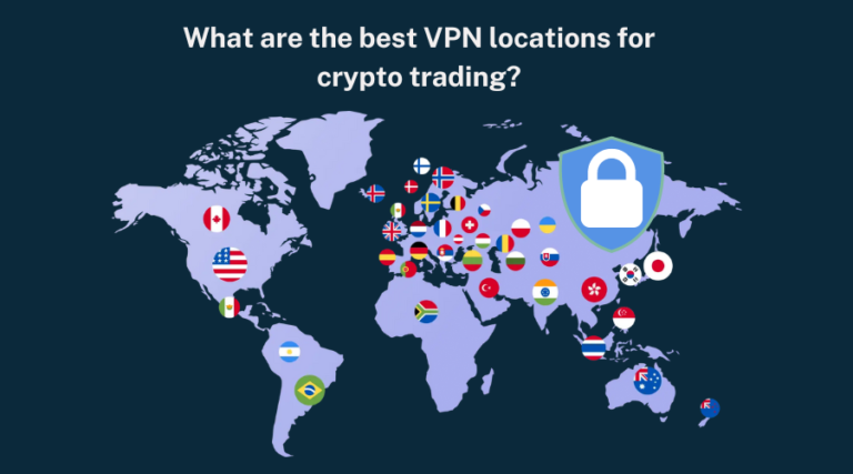 World map with country flags and a security shield, illustrating the best VPN locations for crypto trading.