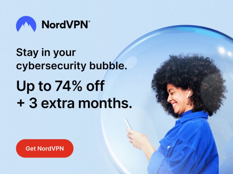 NordVPN promotional offer with 74% off and 3 extra months.