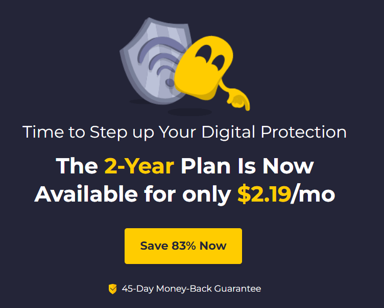 CyberGhost VPN promotional offer with a 2-year plan at $2.19 per month.