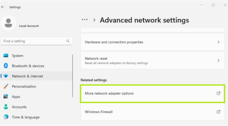 Access advanced network settings on Windows.