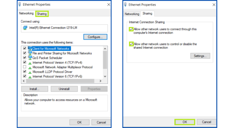 Ethernet properties for VPN connection sharing.