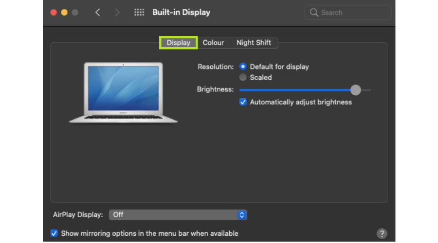 Mac display settings for screen mirroring on Apple TV.