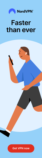 Animated character running with a smartphone, emphasizing NordVPN’s speed.