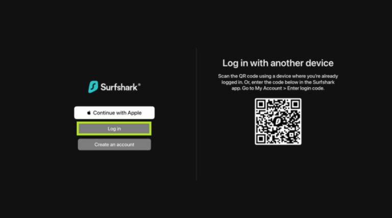 Surfshark VPN login screen on Apple TV.