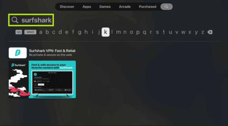 Search Surfshark on Apple TV App Store