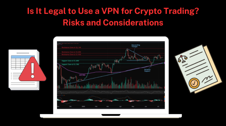 Laptop showing a crypto trading chart with legal documents and warning signs.