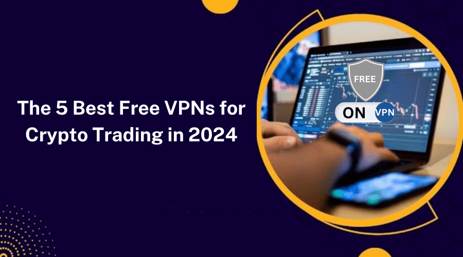 Laptop with trading charts and a free VPN shield, emphasizing top free VPNs for crypto trading in 2024.