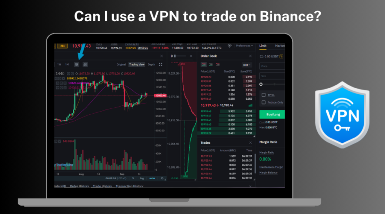 Laptop screen showing Binance trading interface with a VPN shield icon.