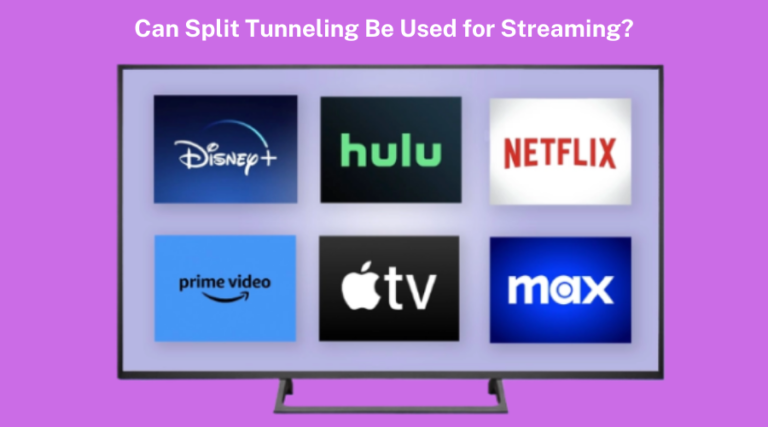 TV screen showing streaming services like Disney+, Hulu, Netflix, and more, discussing split tunneling usage.