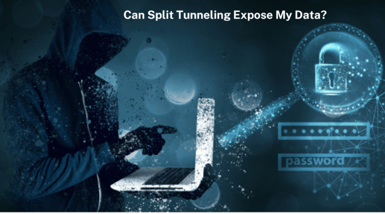 Graphic of a hacker targeting data, highlighting the risks of data exposure with VPN split tunneling.