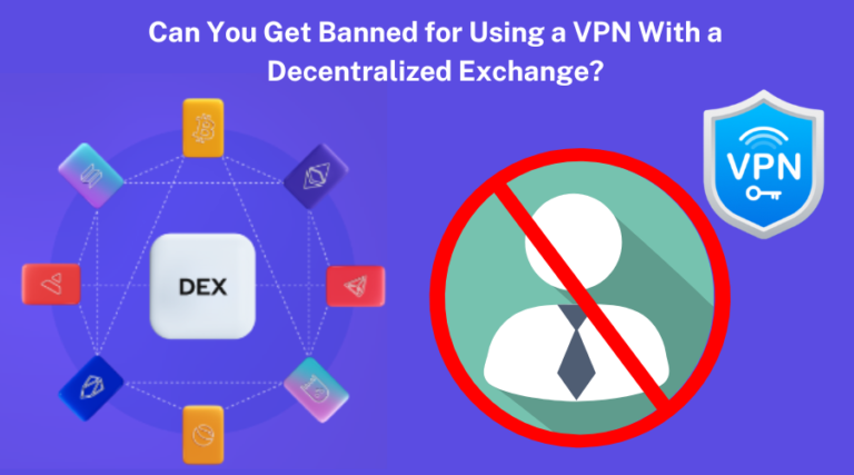 Decentralized exchange (DEX) network with a ban symbol and VPN icon.