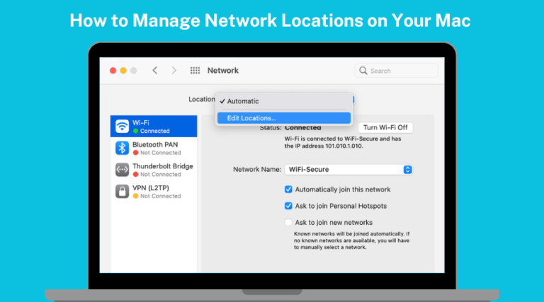 Managing network locations on a Mac through the network settings panel.