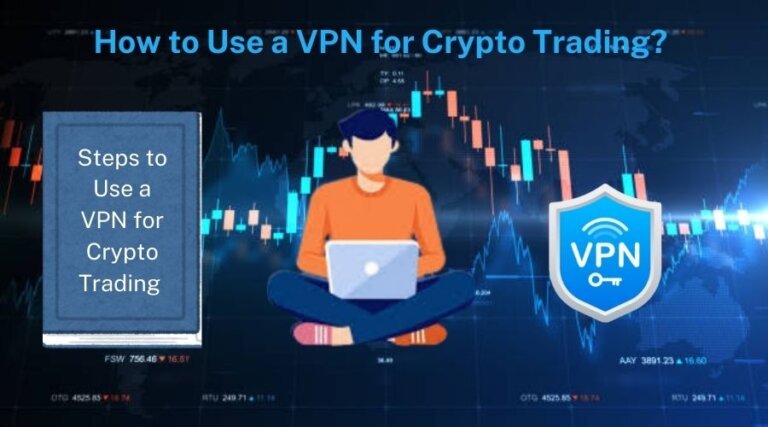 Person sitting with a laptop and trading charts, with VPN steps and security symbols.