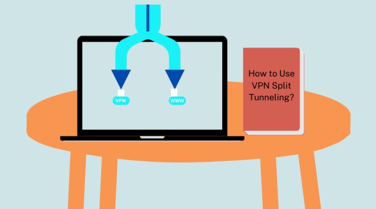 Diagram showing how to use VPN split tunneling on a laptop, with traffic split between VPN and the web.