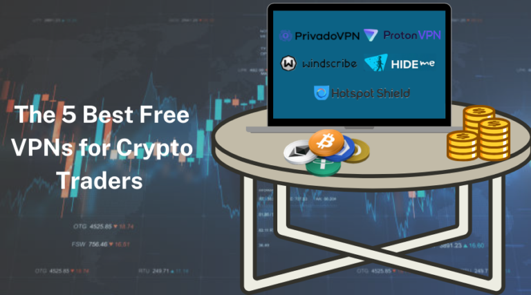 Table with coins and laptop displaying top free VPNs for crypto traders, including PrivadoVPN and ProtonVPN.