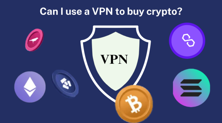 VPN shield with various cryptocurrency icons, questioning the legality of using VPNs to buy crypto.