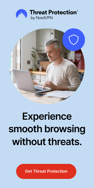 Advertisement for NordVPN’s Threat Protection feature, highlighting safe browsing without threats.