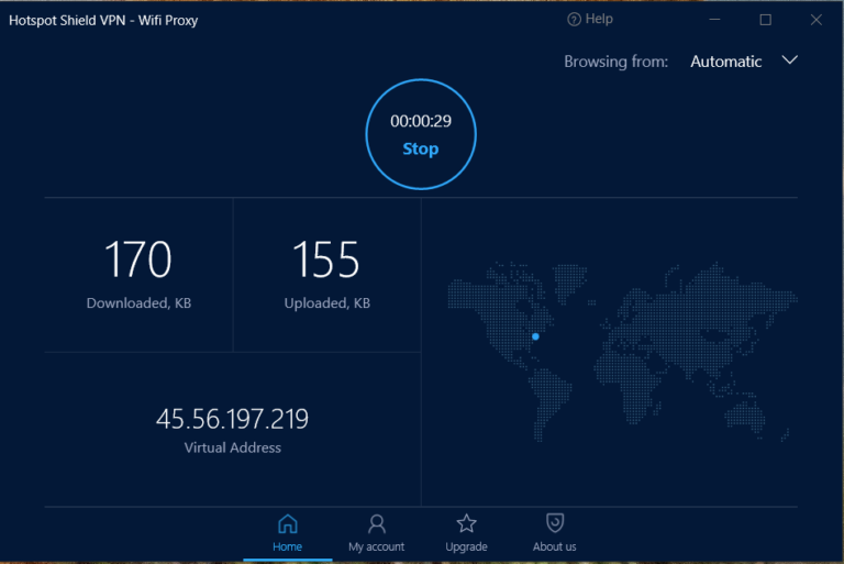 Hotspot Shield VPN interface showing data transfer and IP protection.