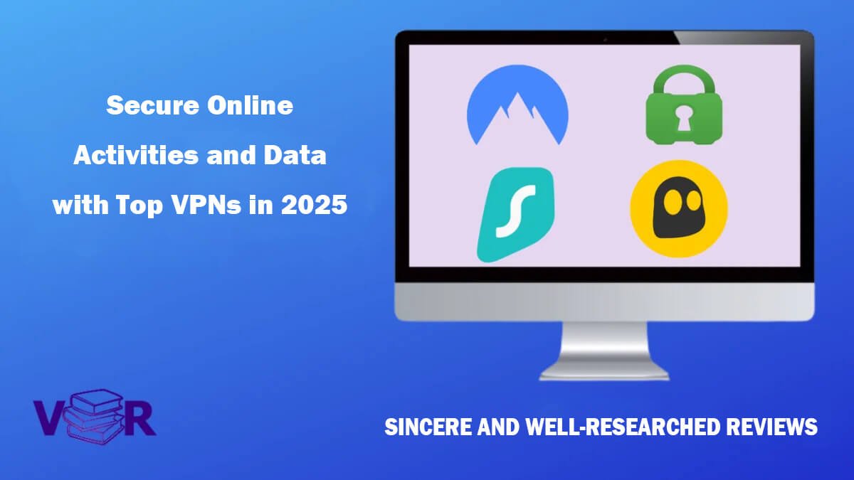 Secure online activities and data with Best VPNs in 2025 - NordVPN, Surfshark, and CyberGhost icons displayed on a computer screen.